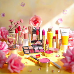 A vibrant and cheerful product display for L'DORA cosmetics featuring an array of colorful makeup products like lipsticks, eyeshadows, and skincare items artfully arranged on a bright and lively background