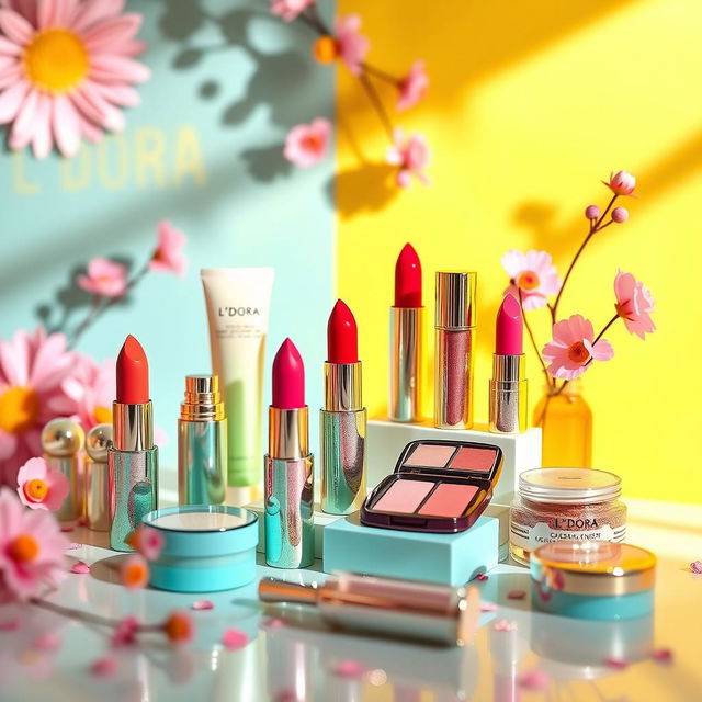 A vibrant and cheerful product display for L'DORA cosmetics featuring an array of colorful makeup products like lipsticks, eyeshadows, and skincare items artfully arranged on a bright and lively background