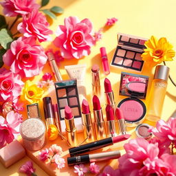 A vibrant and cheerful product display for L'DORA cosmetics featuring an array of colorful makeup products like lipsticks, eyeshadows, and skincare items artfully arranged on a bright and lively background