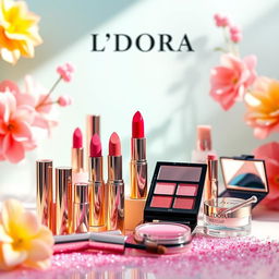 A vibrant and cheerful product display for L'DORA cosmetics featuring an array of colorful makeup products like lipsticks, eyeshadows, and skincare items artfully arranged on a bright and lively background