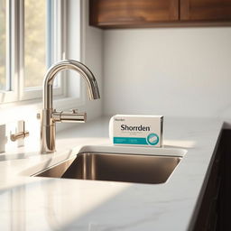 A modern and stylish kitchen sink featuring stainless steel faucets, a white marble countertop, and a window with natural light in the background