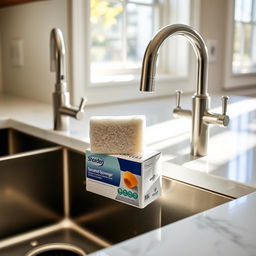 A modern and stylish kitchen sink featuring stainless steel faucets, a white marble countertop, and a window with natural light in the background