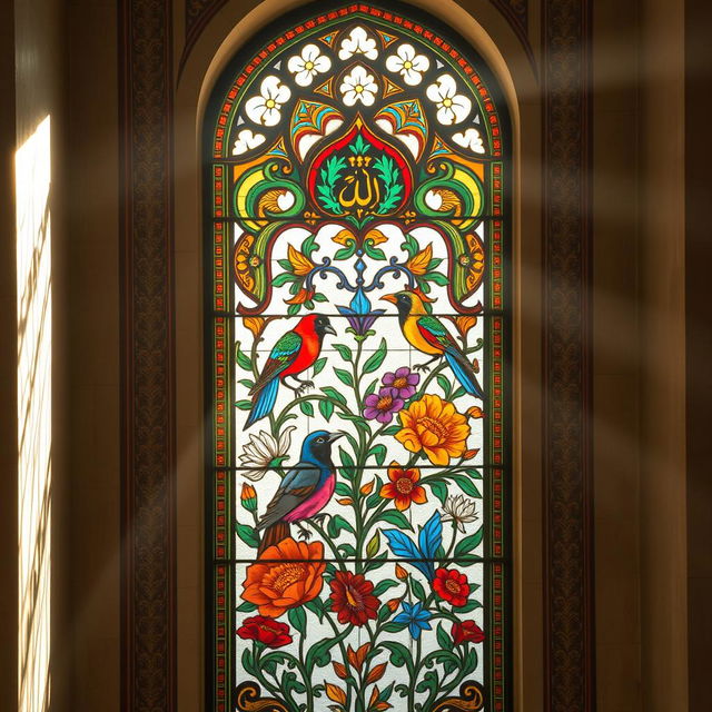 A vertical stained glass window in an Iranian mosque, designed in a rectangular shape with an arched top