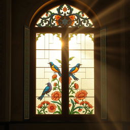 A vertical stained glass window in an Iranian mosque, designed in a rectangular shape with an arched top