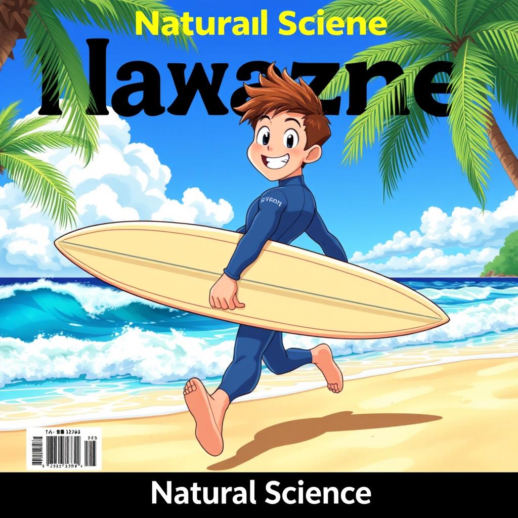 A colorful anime-style magazine cover art featuring a friendly male surfer in a blue wetsuit, energetically running towards the ocean with a surfboard under his arm