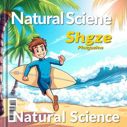 A colorful anime-style magazine cover art featuring a friendly male surfer in a blue wetsuit, energetically running towards the ocean with a surfboard under his arm