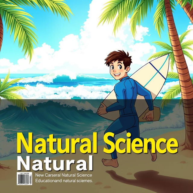 A colorful anime-style magazine cover art featuring a friendly male surfer in a blue wetsuit, energetically running towards the ocean with a surfboard under his arm