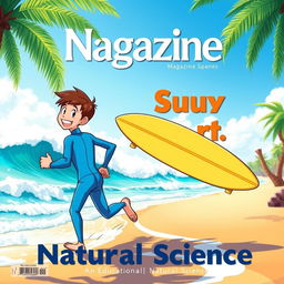 A colorful anime-style magazine cover art featuring a friendly male surfer in a blue wetsuit, energetically running towards the ocean with a surfboard under his arm