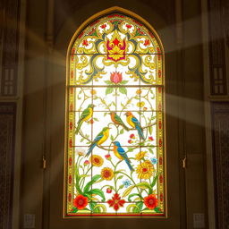 A vertical stained glass window in an Iranian mosque, designed in a rectangular shape with an arched top