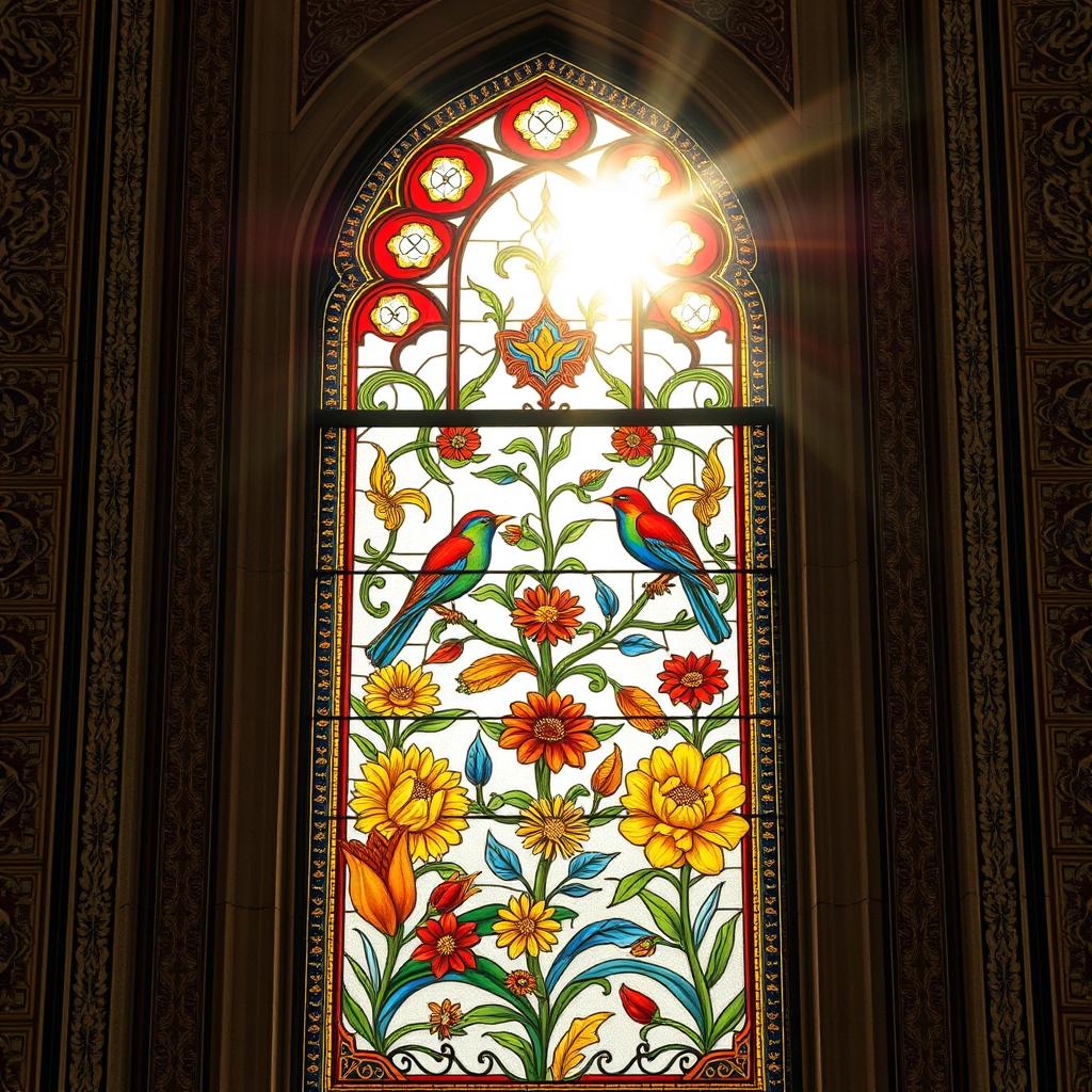 A vertical stained glass window in an Iranian mosque, designed in a rectangular shape with an arched top