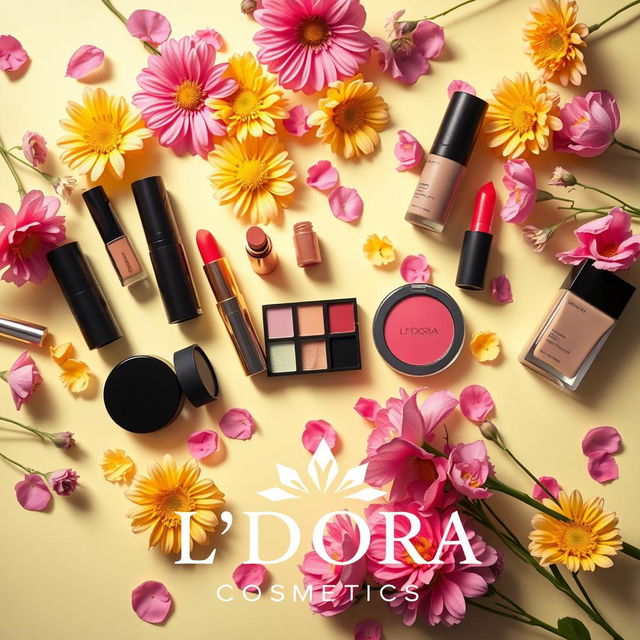 A vibrant, eye-catching promotional image for L'DORA cosmetics