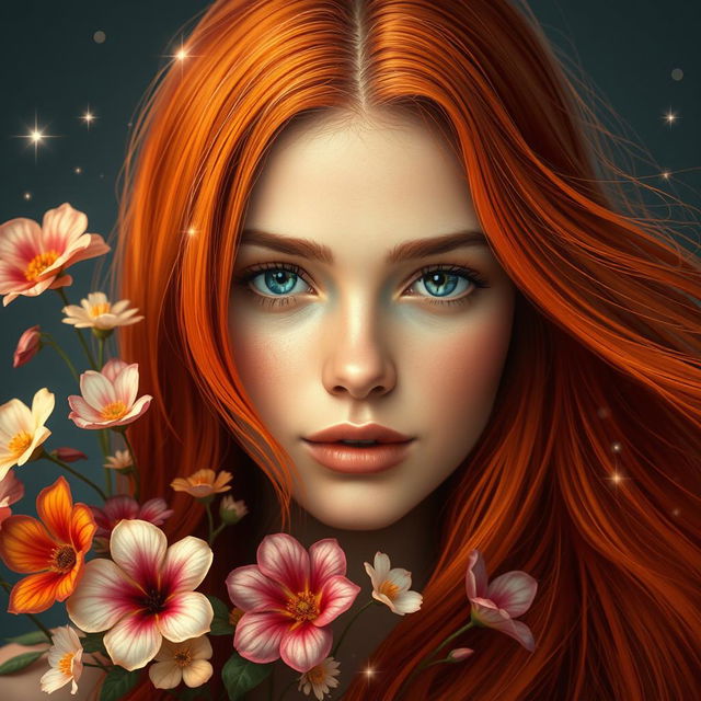 A stunning artistic representation of a young woman with long, flowing reddish hair that cascades around her