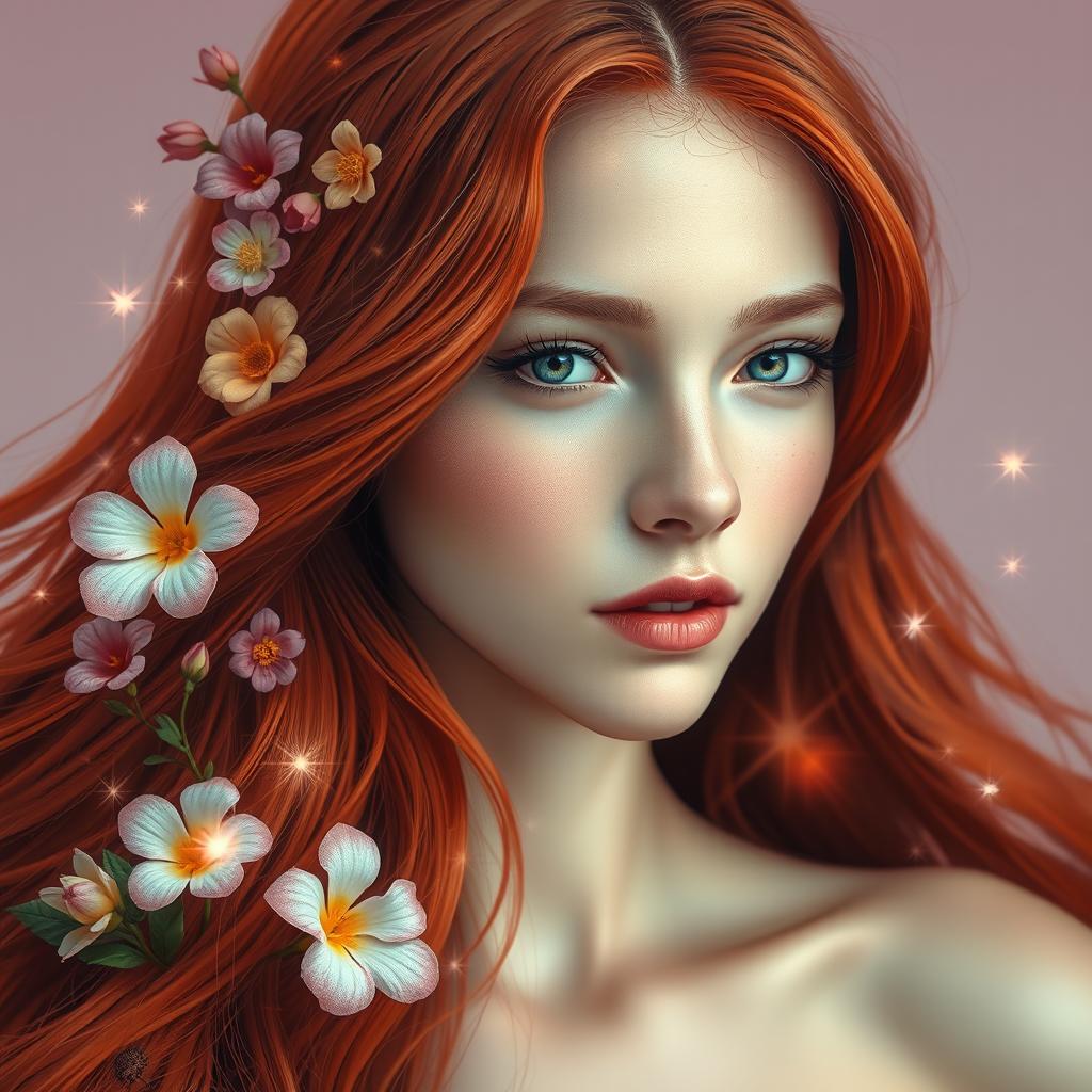 A stunning artistic representation of a young woman with long, flowing reddish hair that cascades around her