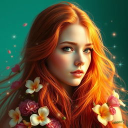 A stunning artistic representation of a young woman with long, flowing reddish hair that cascades around her