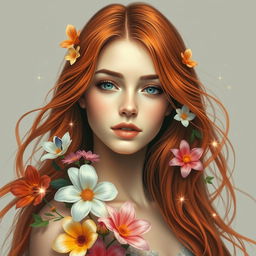 A stunning artistic representation of a young woman with long, flowing reddish hair that cascades around her