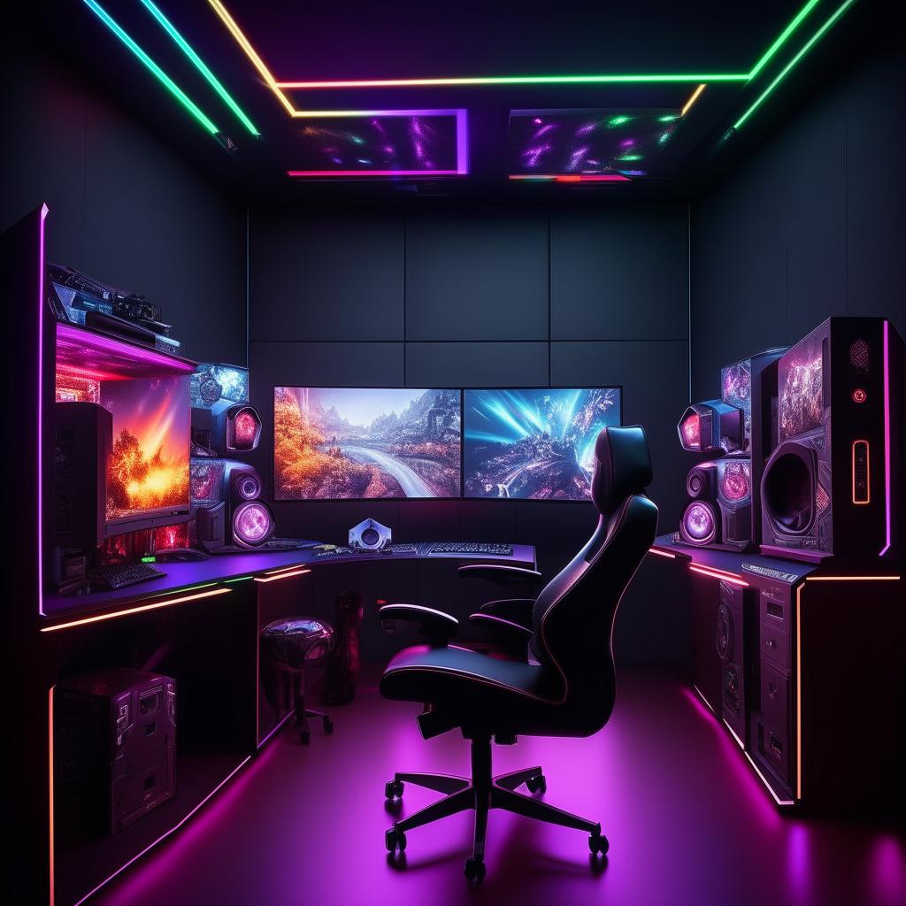 A high-end gaming room equipped with advanced gaming PC, ambient LED lights, multiple monitors, a comfortable gaming chair and desk, themed wall decor, and sound-proof walls.