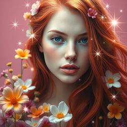 An enchanting artistic representation of a young woman with long, flowing reddish hair beautifully cascading around her