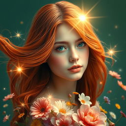 An enchanting artistic representation of a young woman with long, flowing reddish hair beautifully cascading around her