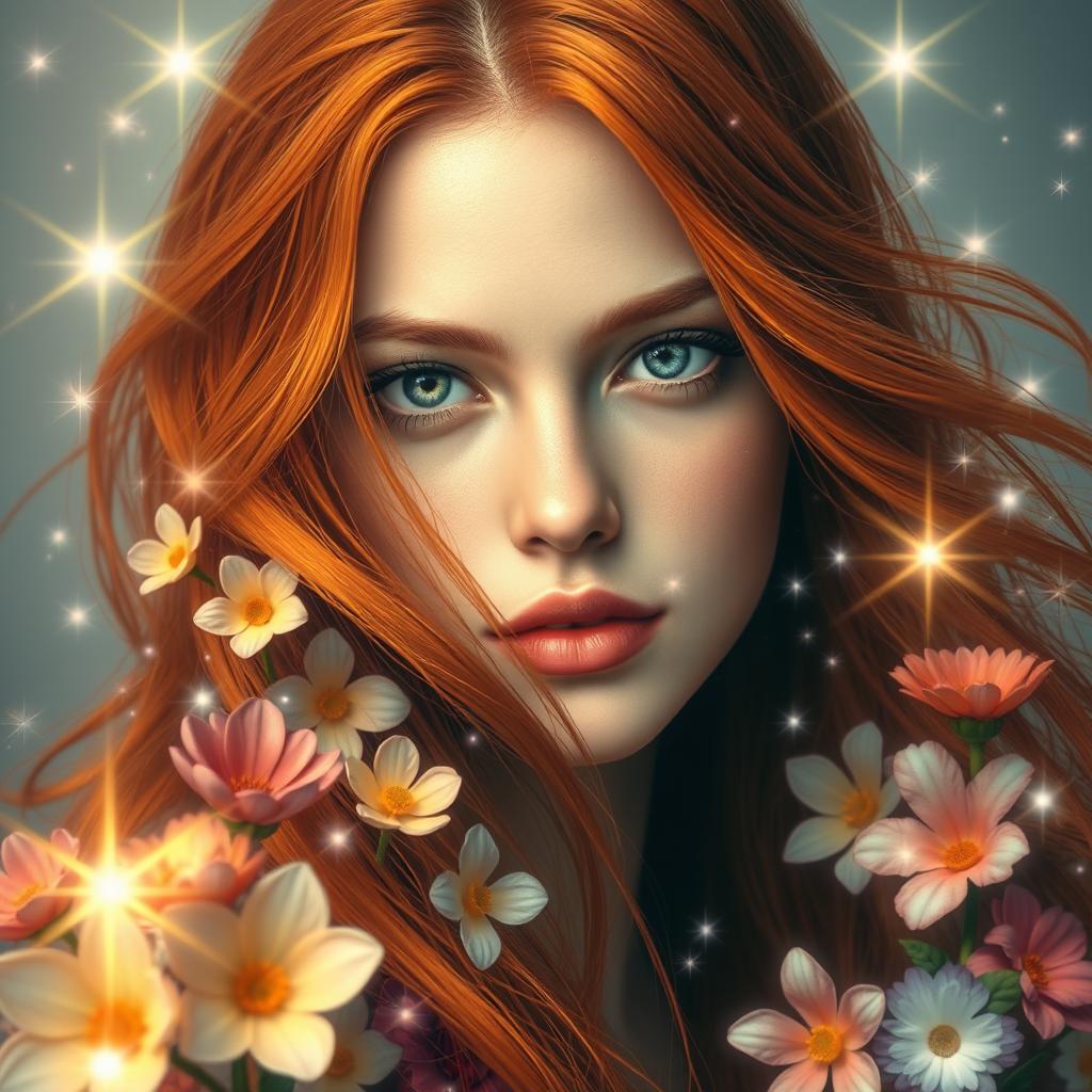 An enchanting artistic representation of a young woman with long, flowing reddish hair beautifully cascading around her