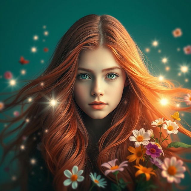 An enchanting artistic representation of a young woman with long, flowing reddish hair beautifully cascading around her