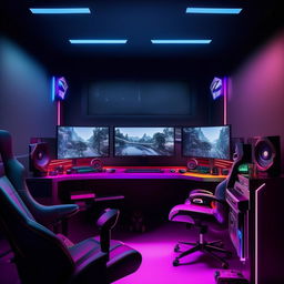 A high-end gaming room equipped with advanced gaming PC, ambient LED lights, multiple monitors, a comfortable gaming chair and desk, themed wall decor, and sound-proof walls.