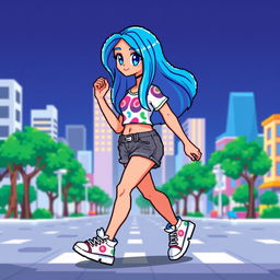 A female full body pixel art character walking, with a vibrant design