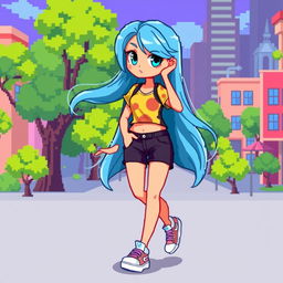 A female full body pixel art character walking, with a vibrant design