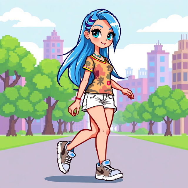 A female full body pixel art character walking, with a vibrant design