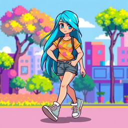 A female full body pixel art character walking, with a vibrant design