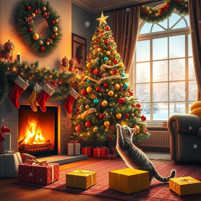 A beautiful Christmas scene featuring a cozy living room with a tall, beautifully decorated Christmas tree adorned with twinkling lights and colorful ornaments