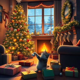 A beautiful Christmas scene featuring a cozy living room with a tall, beautifully decorated Christmas tree adorned with twinkling lights and colorful ornaments