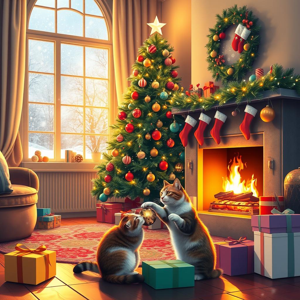 A beautiful Christmas scene featuring a cozy living room with a tall, beautifully decorated Christmas tree adorned with twinkling lights and colorful ornaments