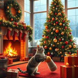 A beautiful Christmas scene featuring a cozy living room with a tall, beautifully decorated Christmas tree adorned with twinkling lights and colorful ornaments