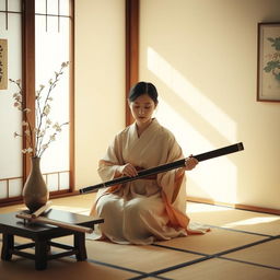 A serene scene of a Japanese woman in traditional attire, sitting gracefully in a peaceful room with tatami mats