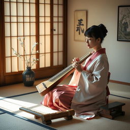 A serene scene of a Japanese woman in traditional attire, sitting gracefully in a peaceful room with tatami mats