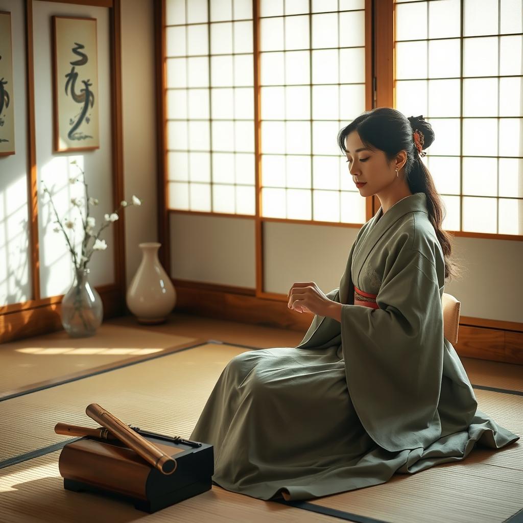 A serene scene of a Japanese woman in traditional attire, sitting gracefully in a peaceful room with tatami mats