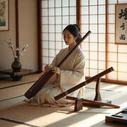 A serene scene of a Japanese woman in traditional attire, sitting gracefully in a peaceful room with tatami mats