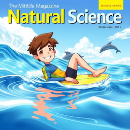Anime-style cover art for a middle grade natural science magazine featuring a friendly male surfer relaxing on his surfboard in the ocean