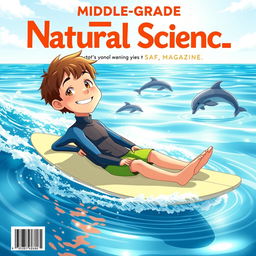 Anime-style cover art for a middle grade natural science magazine featuring a friendly male surfer relaxing on his surfboard in the ocean