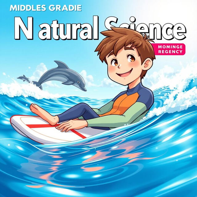 Anime-style cover art for a middle grade natural science magazine featuring a friendly male surfer relaxing on his surfboard in the ocean