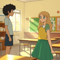 In a school setting, a tall and shy girl named Ana has curly black hair and develops a crush on Vitória, a shorter girl with dark blonde hair and green eyes