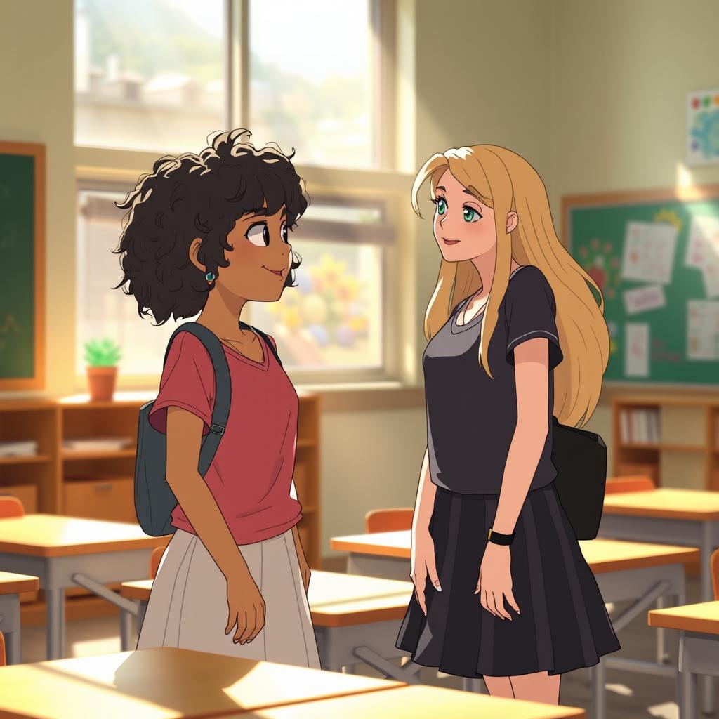In a school setting, a tall and shy girl named Ana has curly black hair and develops a crush on Vitória, a shorter girl with dark blonde hair and green eyes