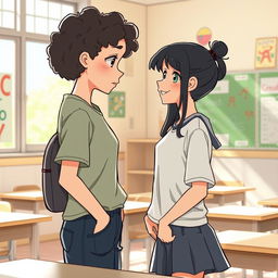 In a school setting, a tall and shy girl named Ana has curly black hair and develops a crush on Vitória, a shorter girl with dark blonde hair and green eyes