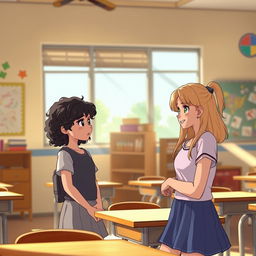 In a school setting, a tall and shy girl named Ana has curly black hair and develops a crush on Vitória, a shorter girl with dark blonde hair and green eyes