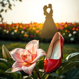 A delicate flower, resembling either a rose or a lily, exuding an air of mystery and sophistication, gracefully situated in a tranquil garden under soft lighting
