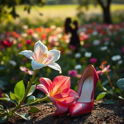 A delicate flower, resembling either a rose or a lily, exuding an air of mystery and sophistication, gracefully situated in a tranquil garden under soft lighting