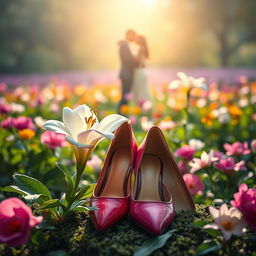 A delicate flower, resembling either a rose or a lily, exuding an air of mystery and sophistication, gracefully situated in a tranquil garden under soft lighting