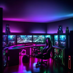 A high-end gaming room equipped with advanced gaming PC, ambient LED lights, multiple monitors, a comfortable gaming chair and desk, themed wall decor, and sound-proof walls.