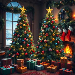 A cozy, festive Christmas scene featuring a beautifully decorated Christmas tree adorned with twinkling lights, colorful ornaments, and a shining star on top