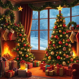 A cozy, festive Christmas scene featuring a beautifully decorated Christmas tree adorned with twinkling lights, colorful ornaments, and a shining star on top